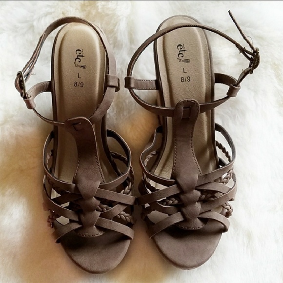 NWOT Strappy Tan Wedge Heels - Picture 2 of 6